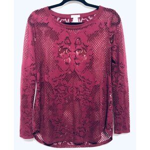 Cache Womens Medium Burgundy Burnout Sheer Blouse Fleur De Lis Stretch